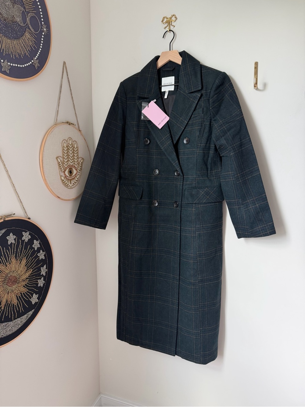 Avec Les Filles Dark Green tan Plaid Double-Breasted maxi Pea Coat